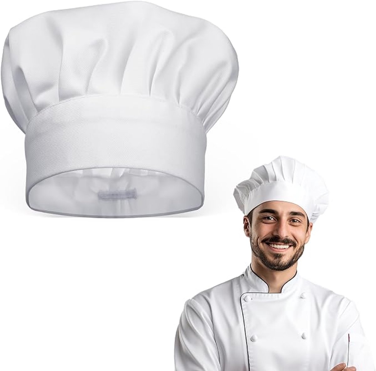 2 stuks Witte Chefsmuts met Elastische Band – Comfortabele Ademende Koksmuts voor Professioneel en Thuisgebruik