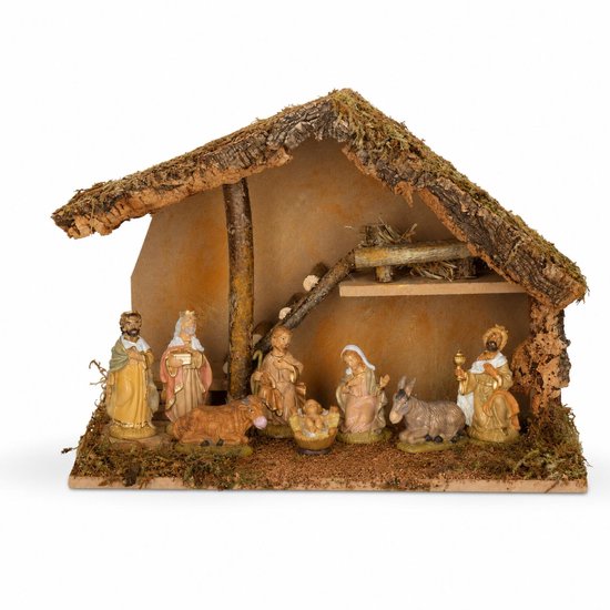 Complete kerststal - 39 x 19 x 28 cm - met 8 kerstbeeldjes - kerstdecoratie stal