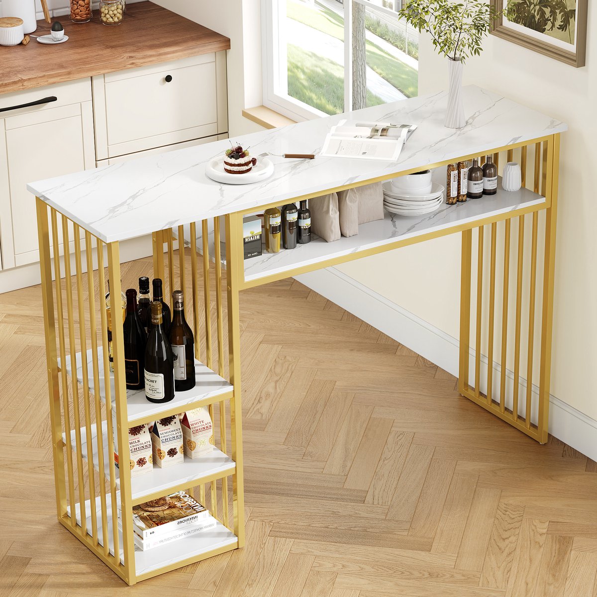 Barktafel Met Opbergruimte - 140x40x105 cm Keukenbar Met Marmerlook Blad En Metalen Frame - Wit Goud