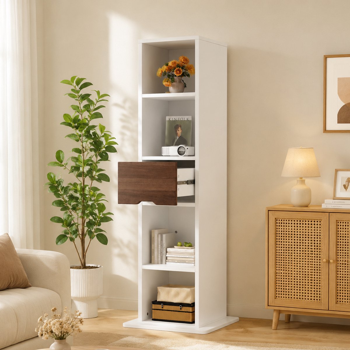 45×45×168 cm Drehbarer Präsentationsschrank Mit Spiegel - Weiß - Stabil MDF - Aufbewahrungsschrank