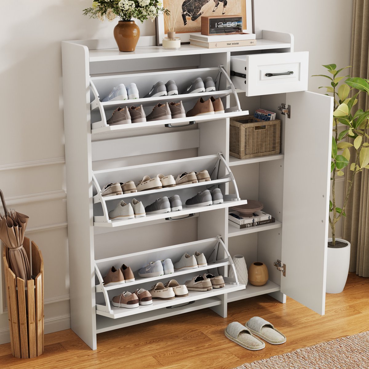 Schoenenkast 92 cm - Hoge Schoenenkast Met 3 Kleppen En Lade - Smalle Schoenenkast Voor Hal Met Verstelbare Planken - Moderne Opbergkast Voor Schoenen En Accessoires - Wit