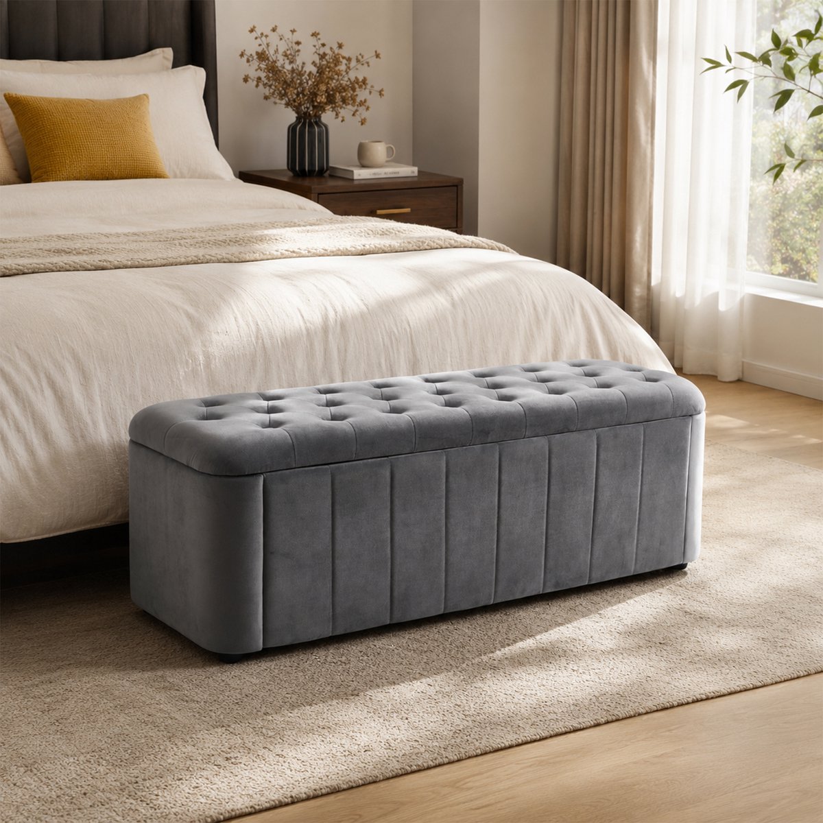 Velours Sitzbank met Stauraum - Elegante Design Bank met Hoogwaardig Velours - Dark Gray - 132x47.5x44 cm