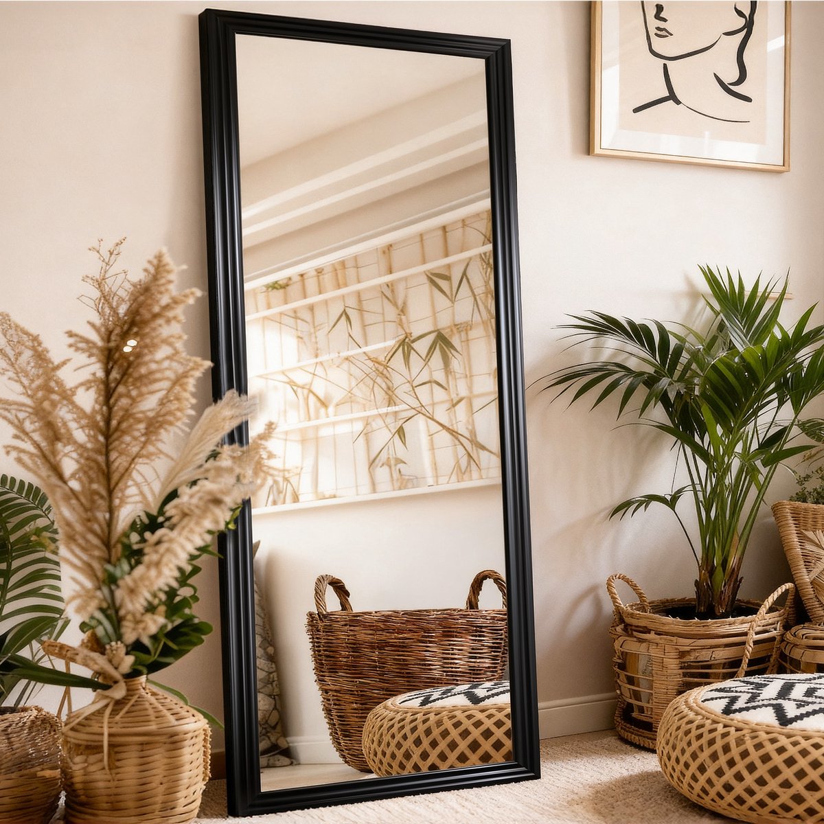 Staande Spiegel 160x50 cm - Volledige Lichaamspiegel Met Houten Frame - Zwarte Passpiegel Met Verstelbare Voet
