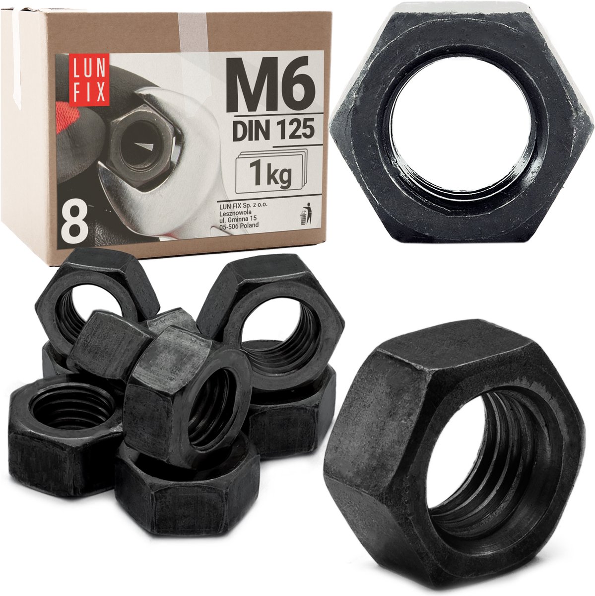 LUN FIX - Zeskantmoer M6 zwart - 1 kg (ca. 455) - DIN 934 - Sterkte 8 - Verzinkt staal