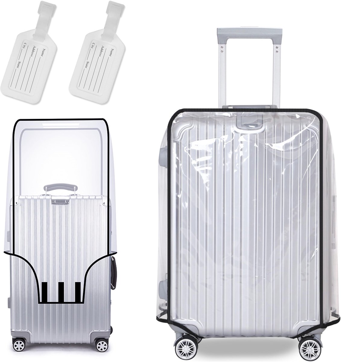 SnelShoppen - Transparante Kofferbeschermhoes 26 Inch - Waterdichte PVC Kofferhoes met Klittenbandsluiting en Zwarte Nylonranden - Inclusief 2 Bagagel