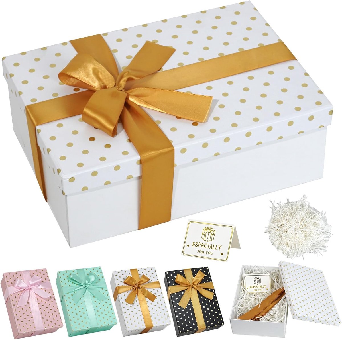 Geschenkdoos met deksel 25 x 18 x 8,5 cm - witte geschenkdoos met stippen - incl. rafiapapier en wenskaart - SnelShoppen