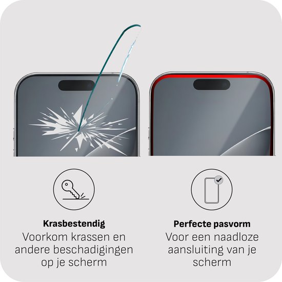 Links: gebarsten scherm met kras. Rechts: krasvrij scherm met perfecte pasvorm.