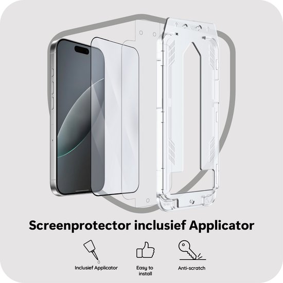 Screenprotector en applicator voor een iPhone. Bevat de tekst 'Screenprotector inclusief Applicator'.