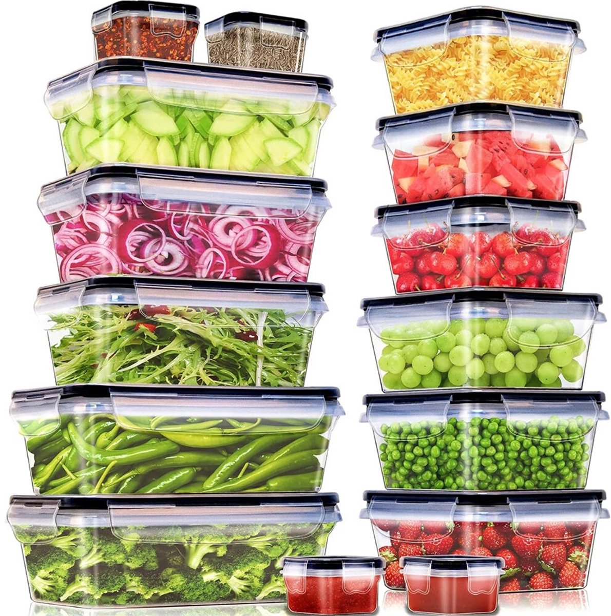 Bewaardozen - Inclusief 15 deksels en 15 bewaardozen - met donkere rubberen afdichtingen - Bewaardozen - Bereidingsbakjes - Lunchboxen - Vriesbakjes - Transparant
