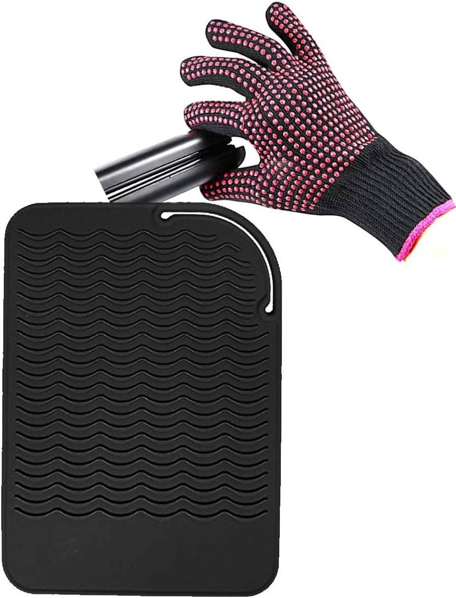 Krultangmat - Hittebestendige mat - Bescherming Styling - Inclusief handschoen - 22 x 16 cm - Zwart