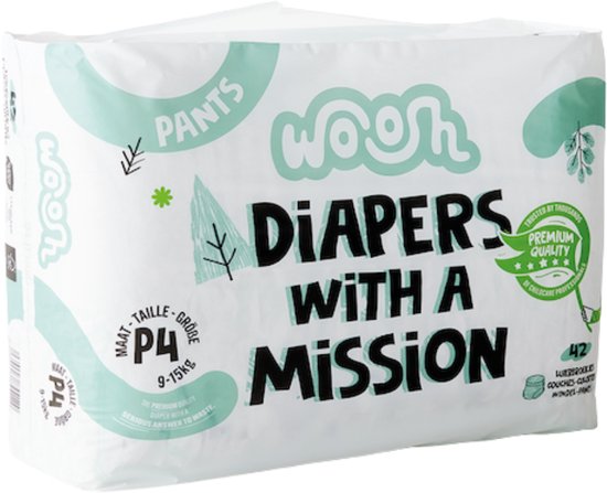 Woosh luierbroekjes, maat P4, 9-15kg, 42 stuks, met de tekst 'Diapers with a mission' en 'Premium Quality'