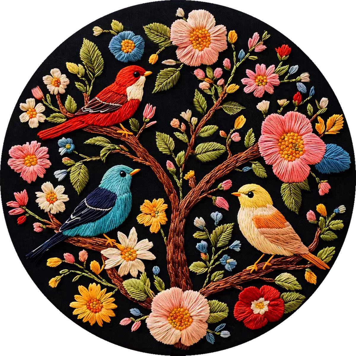 Casalora Borduurpakket Vier vogels in Bloemenvreugde – DIY Borduurset voor Beginners en Volwassenen – Vier vogels in Bloemenvreugde Borduren met Borduurring, Voorgedrukt Borduurstof en Accessoires – Handwerk Borduur Kit