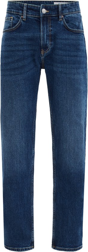 Donkerblauwe regular fit jeans, recht model, met riemlussen en knoopsluiting.