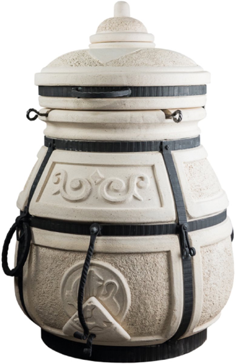 Tandoor Skif – Keramische houtgestookte buitenoven, verticale Kamado voor vlees, groenten en brood – Met 12 XL-spiesen & accessoires – 6 cm dikke wanden voor perfecte warmteopslag – 90 cm – 125 kg - 75L *** Met beschermhoes