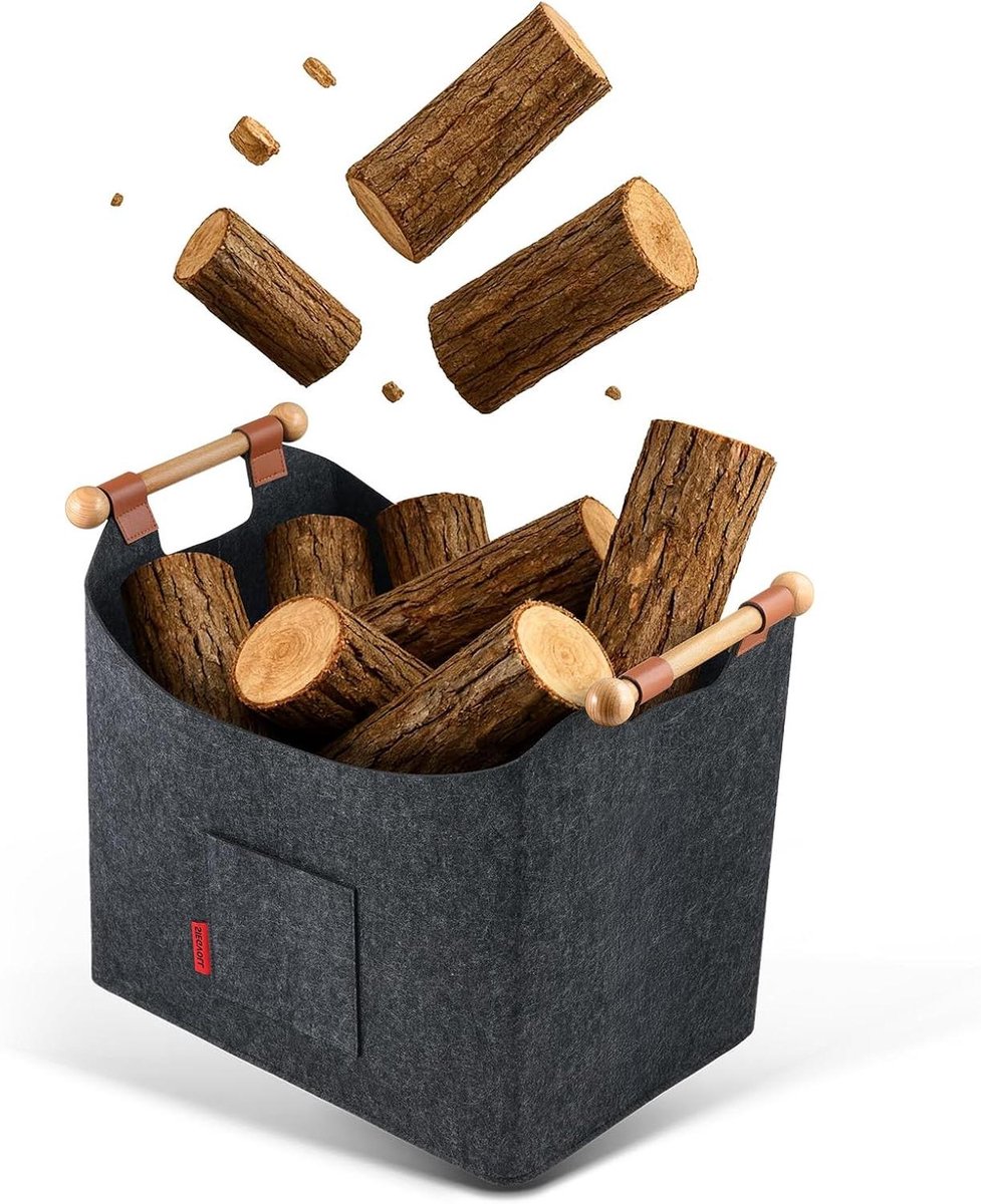 Haardhoutmand Vilt - Opbergmand Krant - Haardhout Opslag - Versterkte Houten Handvatten - 45x32x40cm - Grijs