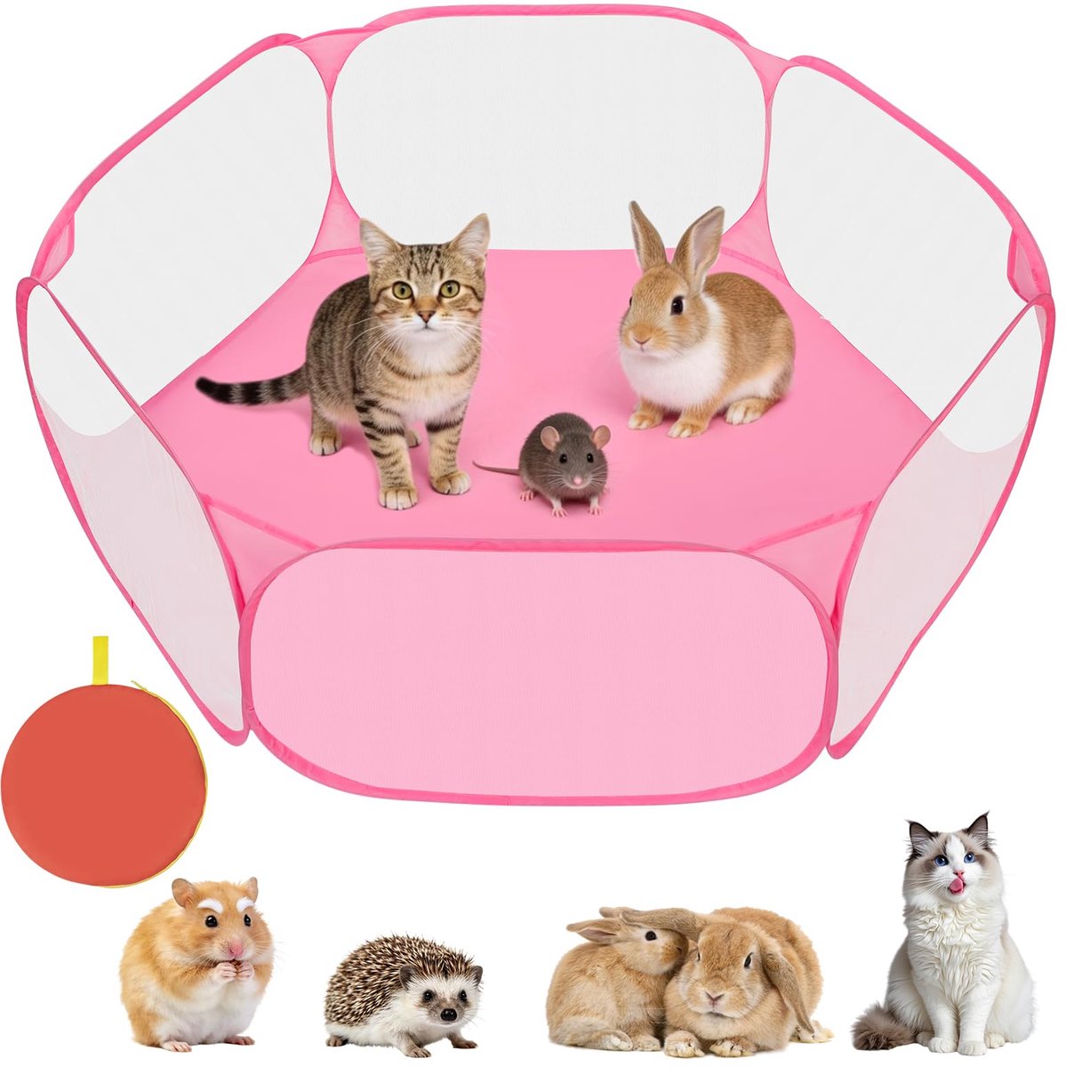 Aomig Opvouwbare Kooi voor Kleine Dieren, Opzettent voor Huisdieren, Pop-Up Oefeningshek, Transparant Dieren Speelhok, Ademend Trainingshek, Zeshoekige Speelruimte voor Cavia's, Konijnen, Hamsters