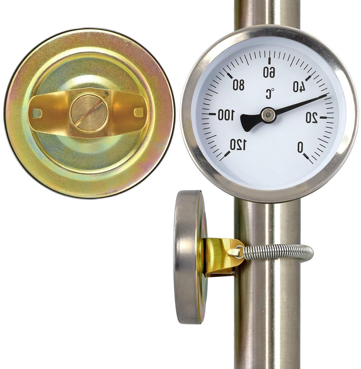 Bimetalen Thermometer - Analoge Meter - Temperatuur Meten - Montage op Buis - 63mm Behuizing - Zilver