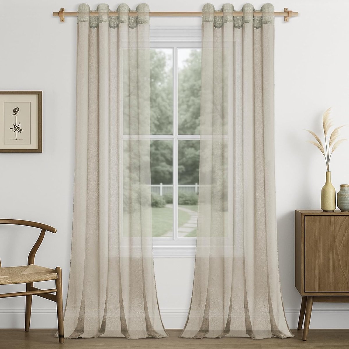 Gordijn, vitrage, met ogen, voile, mousseline, semi-transparant, raamdecoratie voor woonkamer, slaapkamer, keuken, 140 x 245 cm, beige
