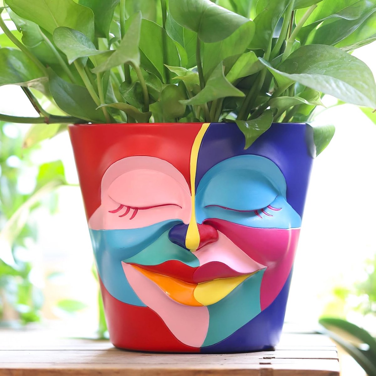 20 cm abstracte regenboog hoofd plantenbak, unieke gezicht plantenpot met drainage, schattige eclectische bloempotten voor binnen en buitenplanten, kleurrijke grappige kamerdecoratie