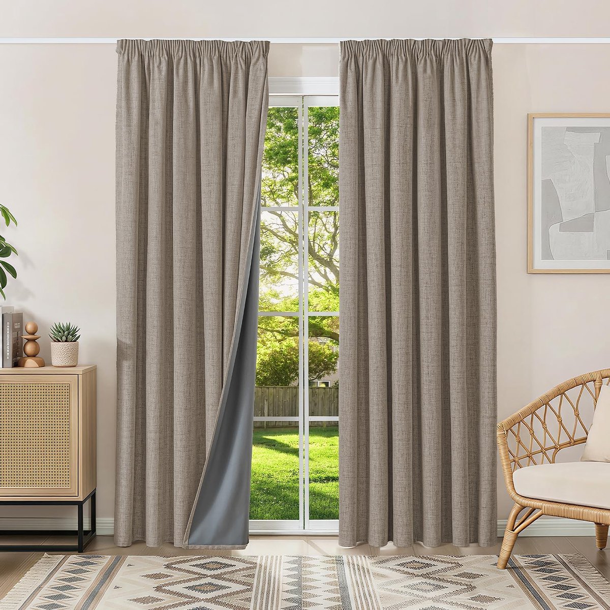 100% verduisteringsgordijnen, thermische gordijnen, koudebescherming, gordijnen met plooiband, 200 x 200 cm (h x b), set van 2, linnenlook, gordijnen, ondoorzichtig, linnen, schuifgordijnen