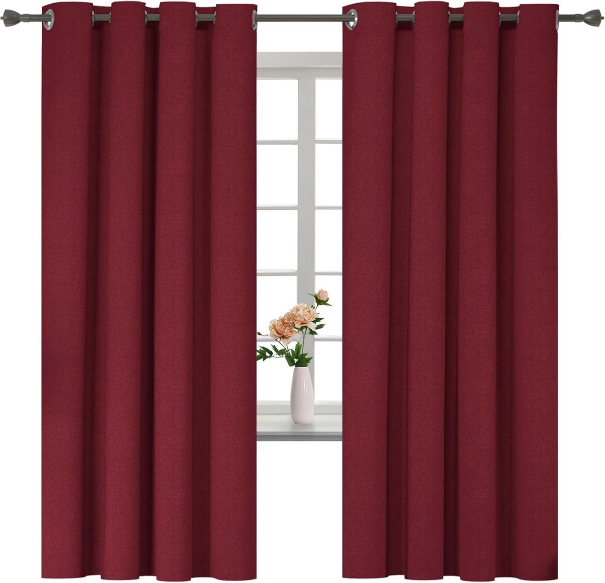100% Verduisterend Linnen Effect Gordijnen Set Van 2, 140x180cm, Thermisch Isolerend Koud En Warm Gordijn Met Ringen, Thermogordijnen Voor Slaapkamer Woonkamer, Rood