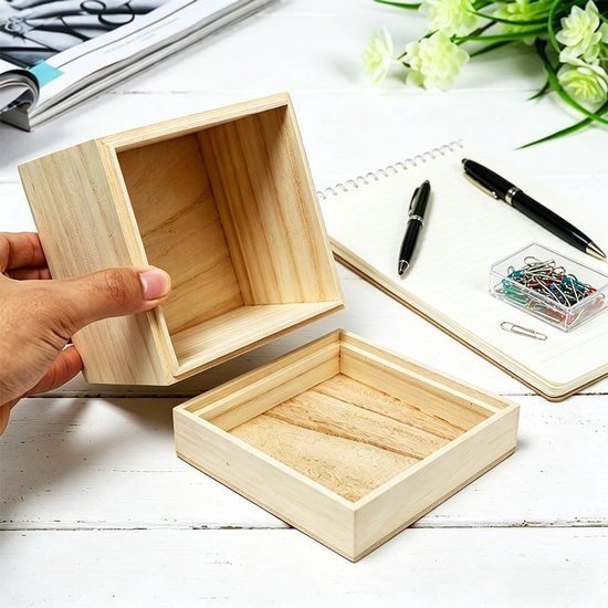 4 stuks kleine vierkante houten kisten van onbehandeld hout met deksel, decoratieve houten kisten voor doe-het-zelf handwerk en containers, 12 x 12 x 11,2 cm — afbeelding 3