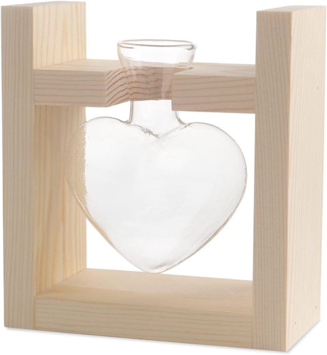 Hartvormige tafelvaas van helder glas, vaas in de vorm van een gloeilamp met houten standa