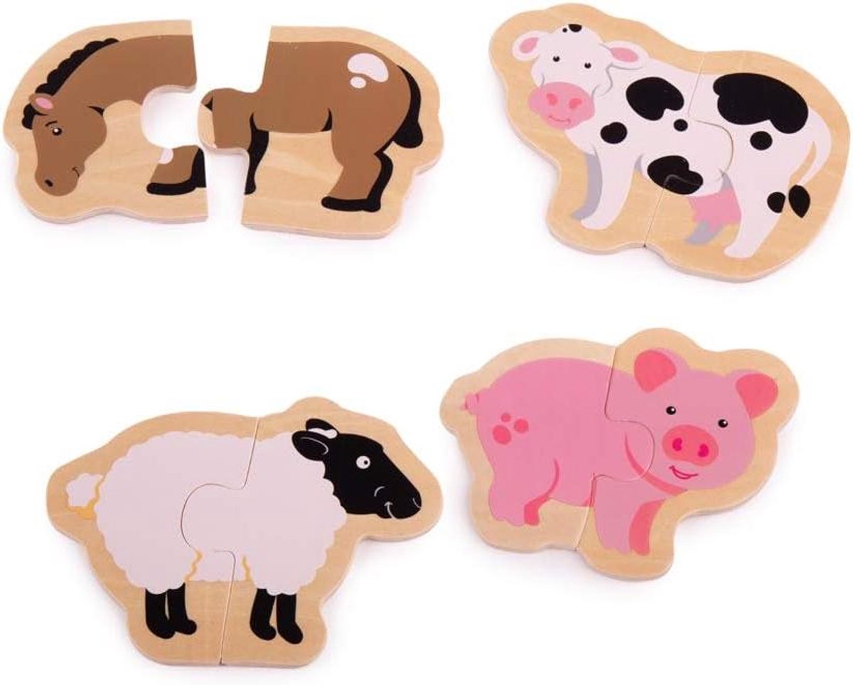 Houten Puzzels - Kinderpuzzels Houtpuzzels - Leren Puzzelen - Dikke Houten Stukken - 2 Stukken - Boerderijdieren