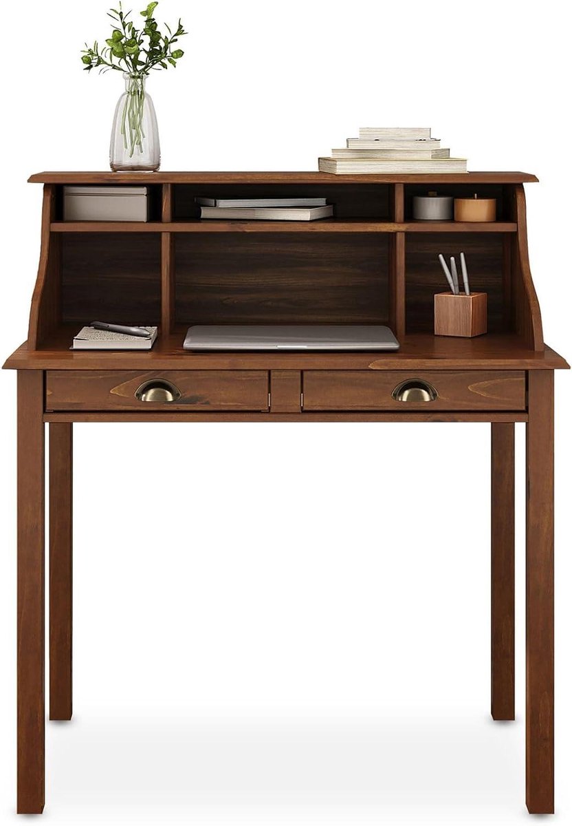 Bureau met Opbergvakken - Schrijftafel Secretaire - Thuiswerk Organiseren - Massief Hout - 90 x 101 x 50 cm - Bruin