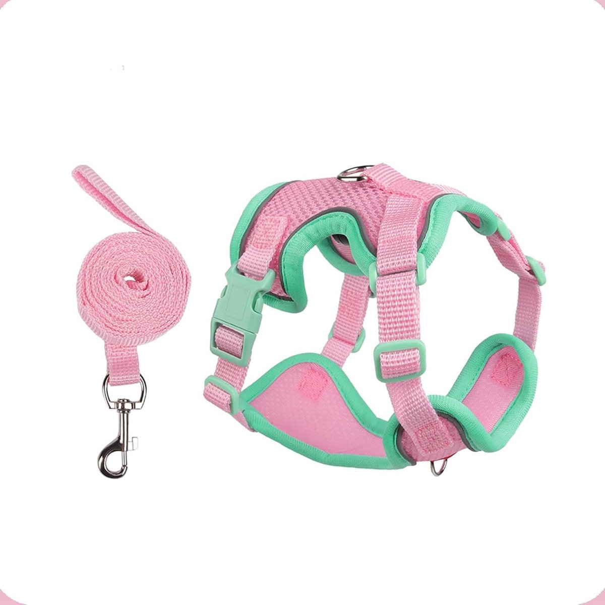 Kattenharnas en Riem - Huisdier Tuigje - Veilig Wandelen - Ontsnappingsbestendig Vest - Maat L - Groen en Roze