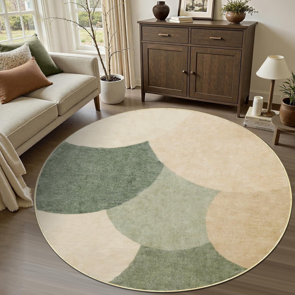 Rond design, wollig, antislip, laagpolig, woonkamer, wasbaar, modern, zacht, 200 cm, groen/taupe/turquoise