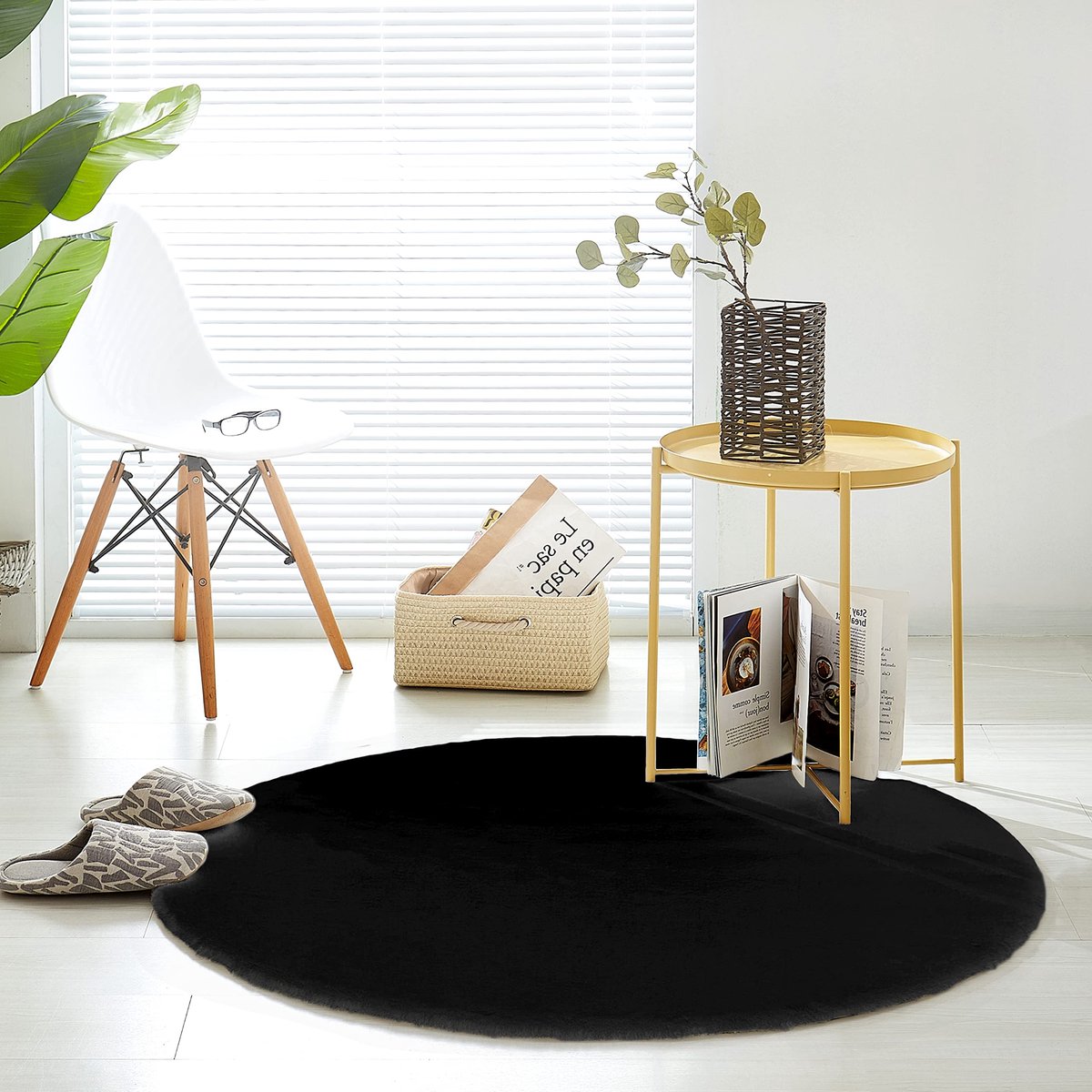 Wölkchen Pluizig Tapijt Van Imitatiebont - Konijnenbont, Kort Bont, Hoogpolig Bont-Tapijt Voor Woonkamer Of Slaapkamerkleed Rond - Zwart - 120cm Rond