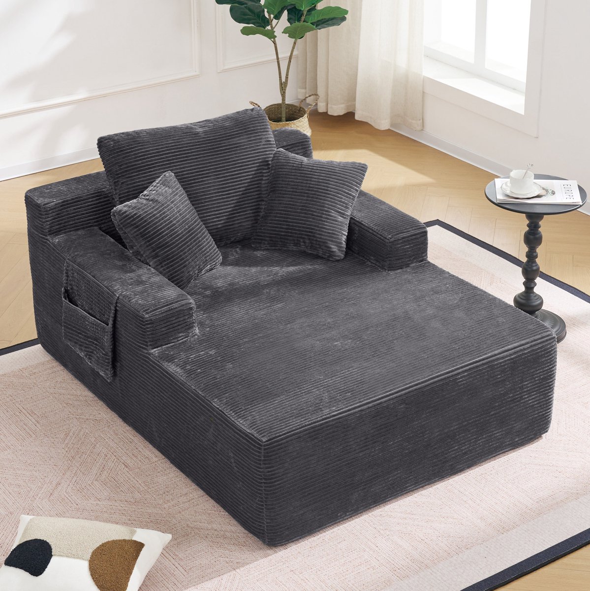 MIVRAY Slaapbank 1-Zits 110 x 150 x 70 Cm - Donkergrijs Corduroy Met Opbergvakken En Kussens - Voor Woonkamer En Slaapkamer - Retro