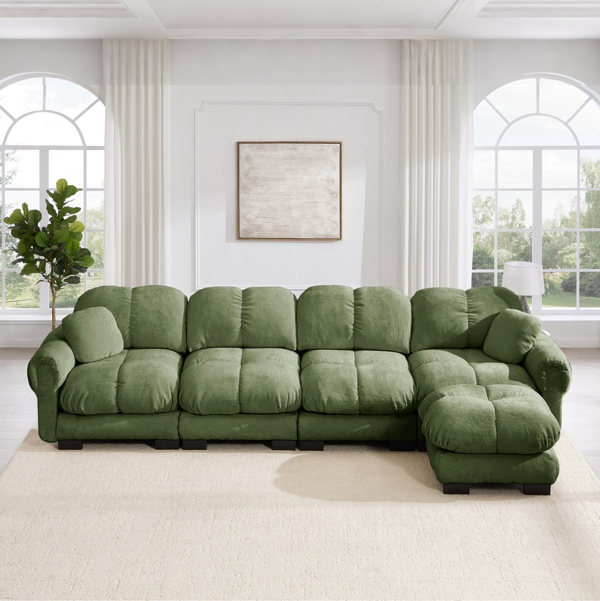 MIVRAY Hoekbank 4-Zits - L-Vormig Modulair Met Verplaatsbare Ottomane En Gestikt Design - Voor Woonkamer - Chenille Groen