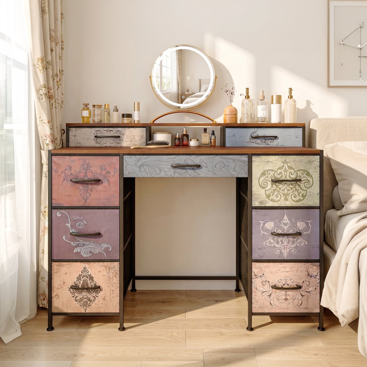 Kaptafel 121x40x91 cm met 9 lades, make-up tafel, toilettafel, slaapkamerkast, opbergruimte, vintage design, MDF, zwart metalen frame
