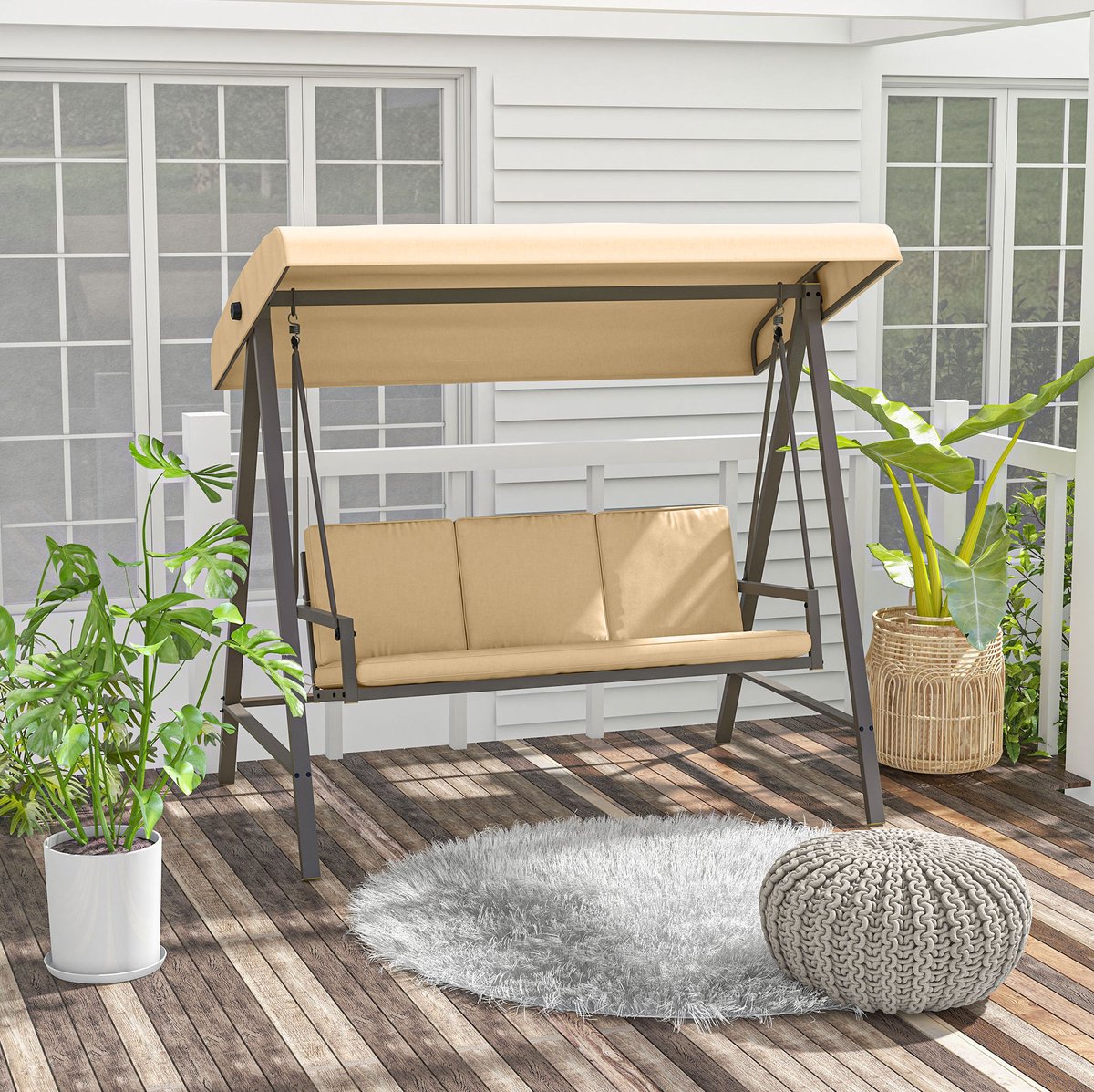 MEUNIQ Hollywoodschommel 3-zits 200 x 125 x 175 cm met verstelbaar zonnedak, rugkussen, stalen frame en antislipvoeten voor tuin, terras of balkon, beige