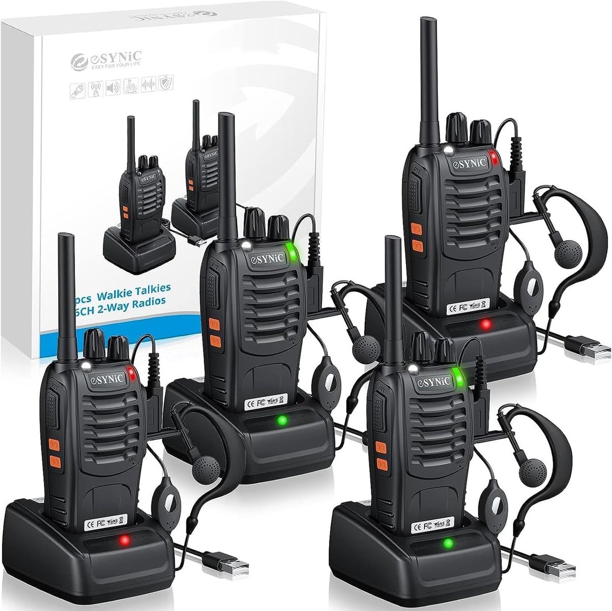 Walkie talkie set 4 stuks, PMR446 portofoon, oplaadbaar, 16 kanalen, VOX functie, LED licht, 3 km bereik