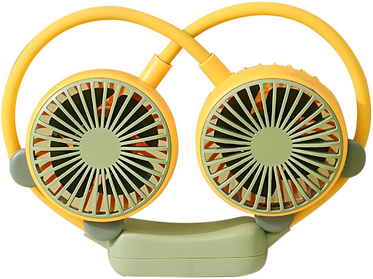 Gele draagbare nekventilator (USB-oplaadbaar), flexibel en handsfree; voor kantoor en op reis