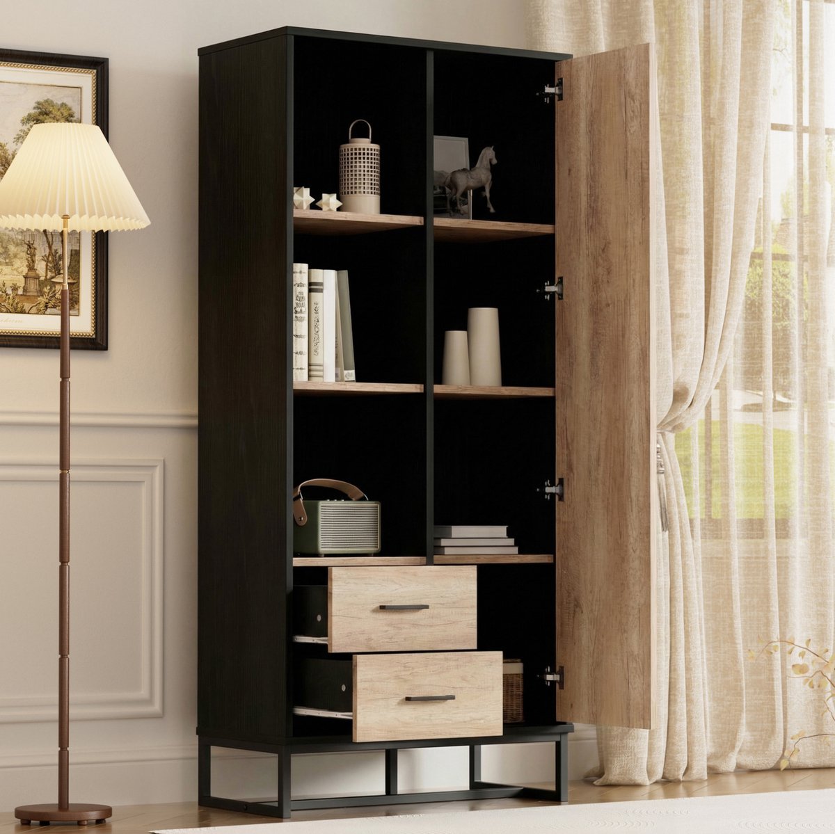 MIVRAY Kast - Houtlook Met Zwart Frame En 2 Laden - Opbergruimte Voor Woonkamer, Kantoor En Hal - MDF - 80x40x180 Cm
