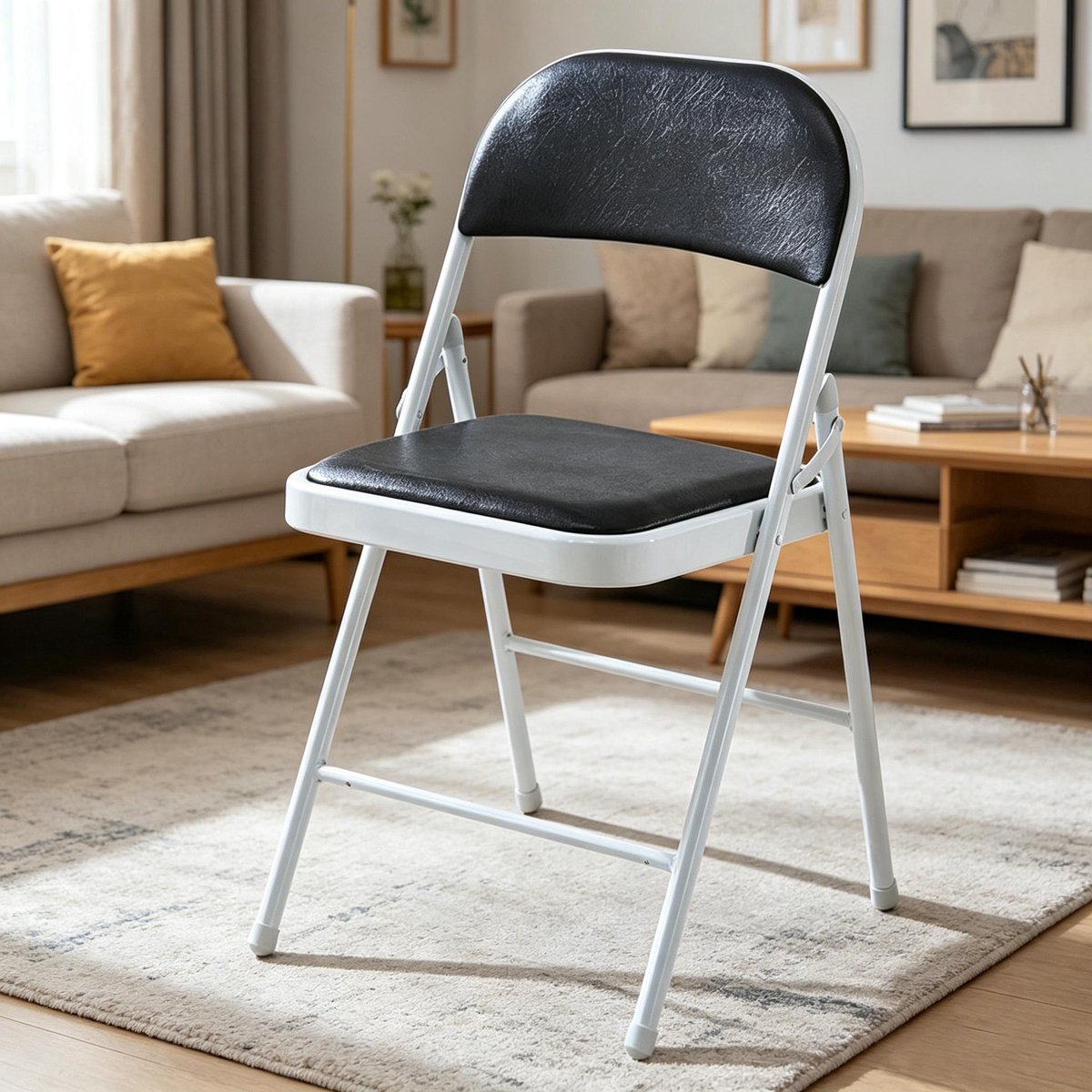 Metalen klapstoel geschikt voor buitentrainingen thuisgebruik kantoren studentenkamers of de eetkamer voorzien van een zitting van zwart PU-leer afmetingen 79 x 45 x 44 cm