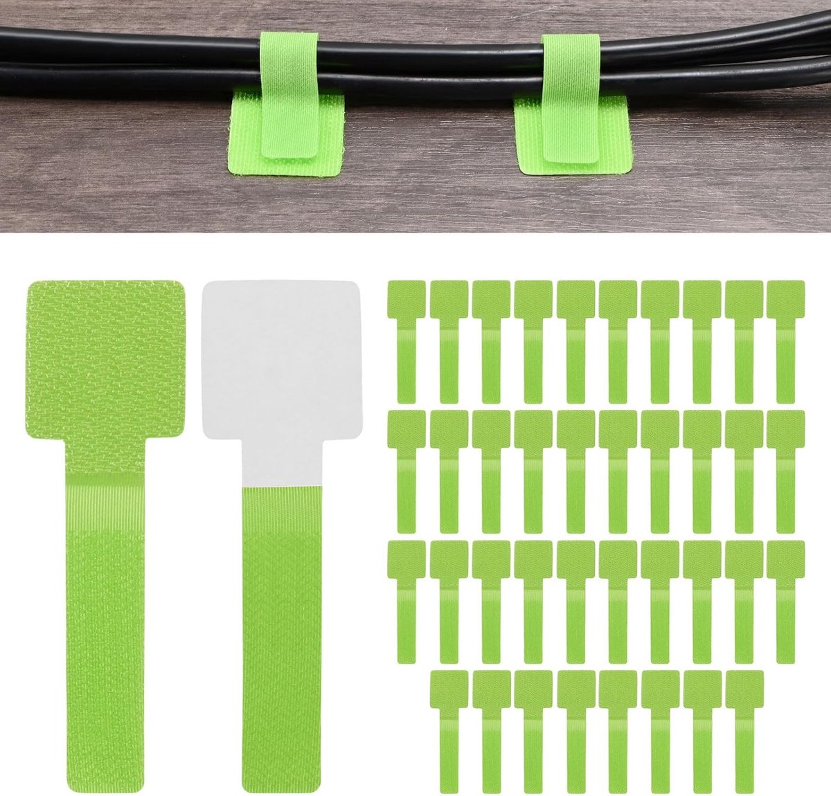 40 groene klittenbandkabelbinders - 9 × 2,8 cm - Vierkante kop - Verbeterde kleeflaag - Geschikt voor kabelbeheer op bureaus, in huis, aan de muur of op kantoor