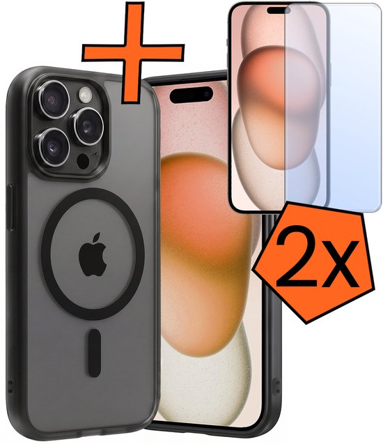 Coque noire avec anneau MagSafe et deux films protecteurs pour iPhone.