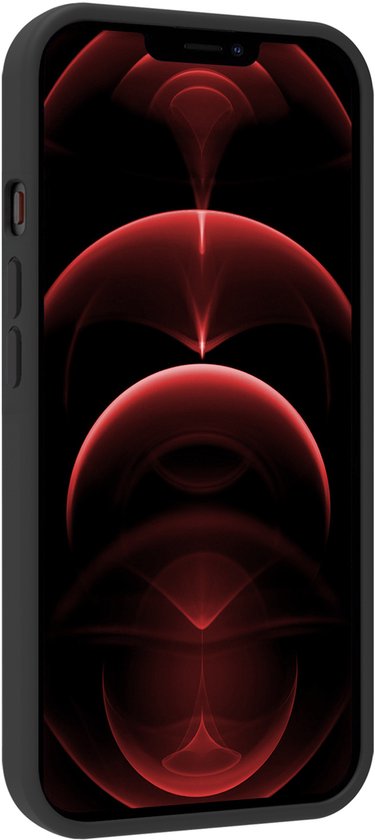 Zwarte hoes voor iPhone 14 met scherm aan met rode abstracte achtergrond.