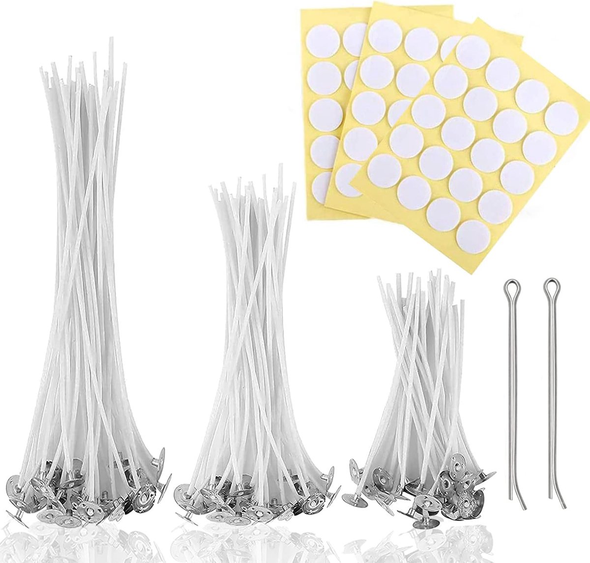 Lonten (10/15/20 cm lonten), 2 metalen houder, 100 stickers, 100 katoenen lonten, kaarsenlonten voor het maken van doe-het-zelfkaarsen, kaarsenlonten (10/15/20 cm set)