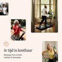 Collage van mensen die de loopband gebruiken in verschillende settings: thuis, in een appartement, en onderweg.