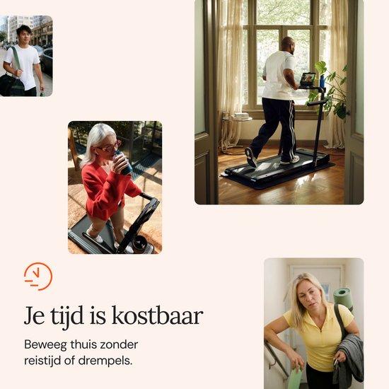 Collage van mensen die de loopband gebruiken in verschillende settings: thuis, in een appartement, en onderweg.