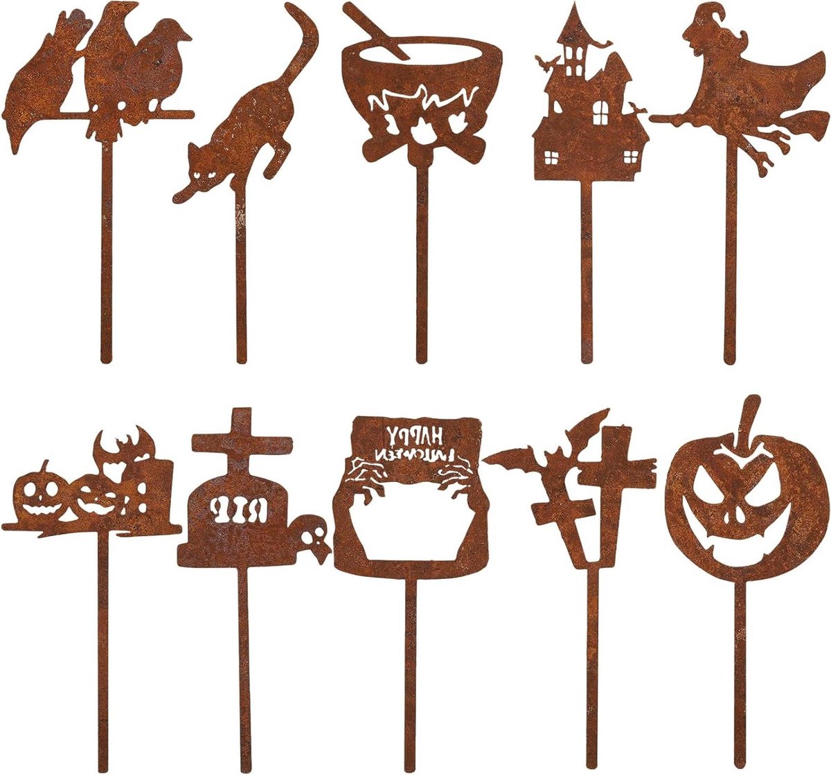 Halloween Tuindecoratie - Roestige Stekers - Tuin Aankleden - Set van 10 - 18 cm Hoog - Roestbruin