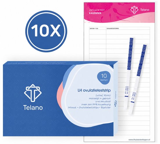 Doos met 10 Telano LH ovulatieteststrips en twee losse strips, met een ovulatiekalender.