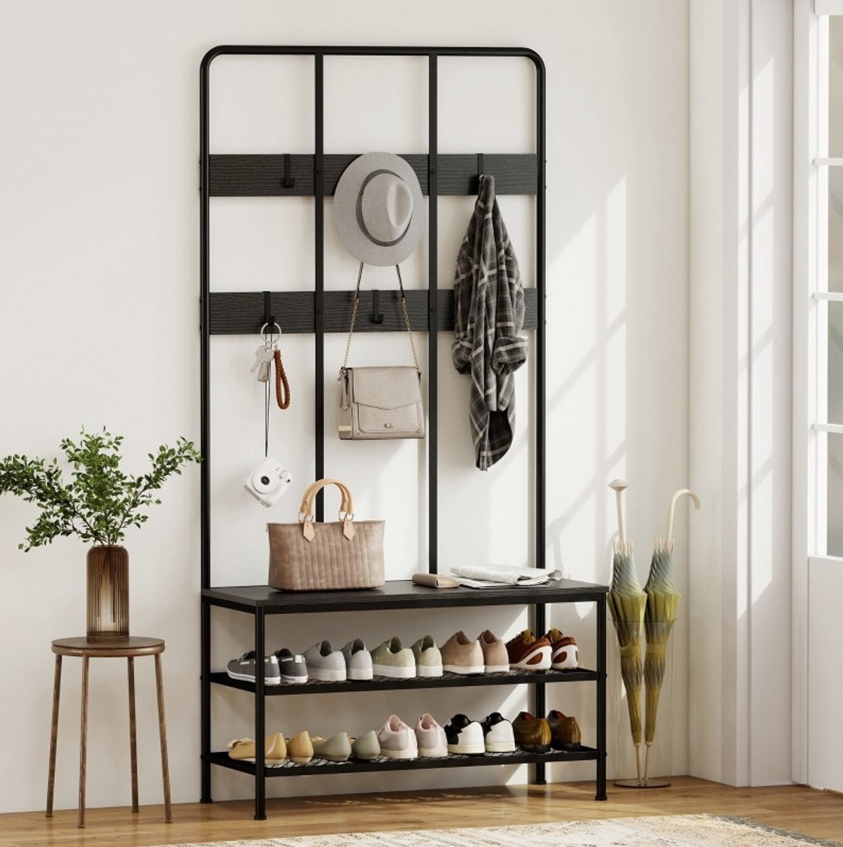 Kledingrek Met Bank En Schoenenrek – Drie In Een – 91 X 36 X 180 Cm – Metaal En Spaanplaat – Zwart – Voor Hal En Entree – Met 6 Haken