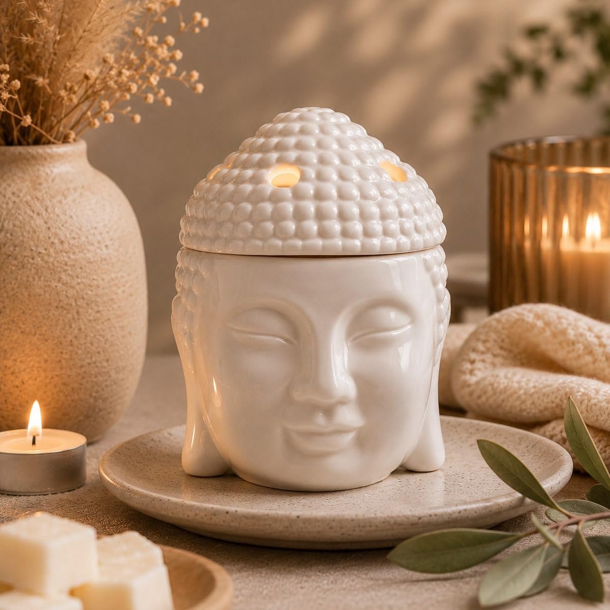 Theelicht geurlamp | geurlamp Boeddha | aromalamp voor geurwas | kamergeur met theelicht | geurlamp keramiek wit | lamp voor kantoor, slaapkamer, yoga